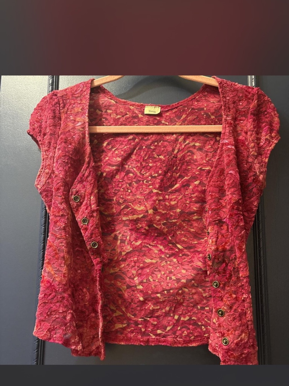 Toska Crimson Lace-Overlay Short Sleeve Blouse